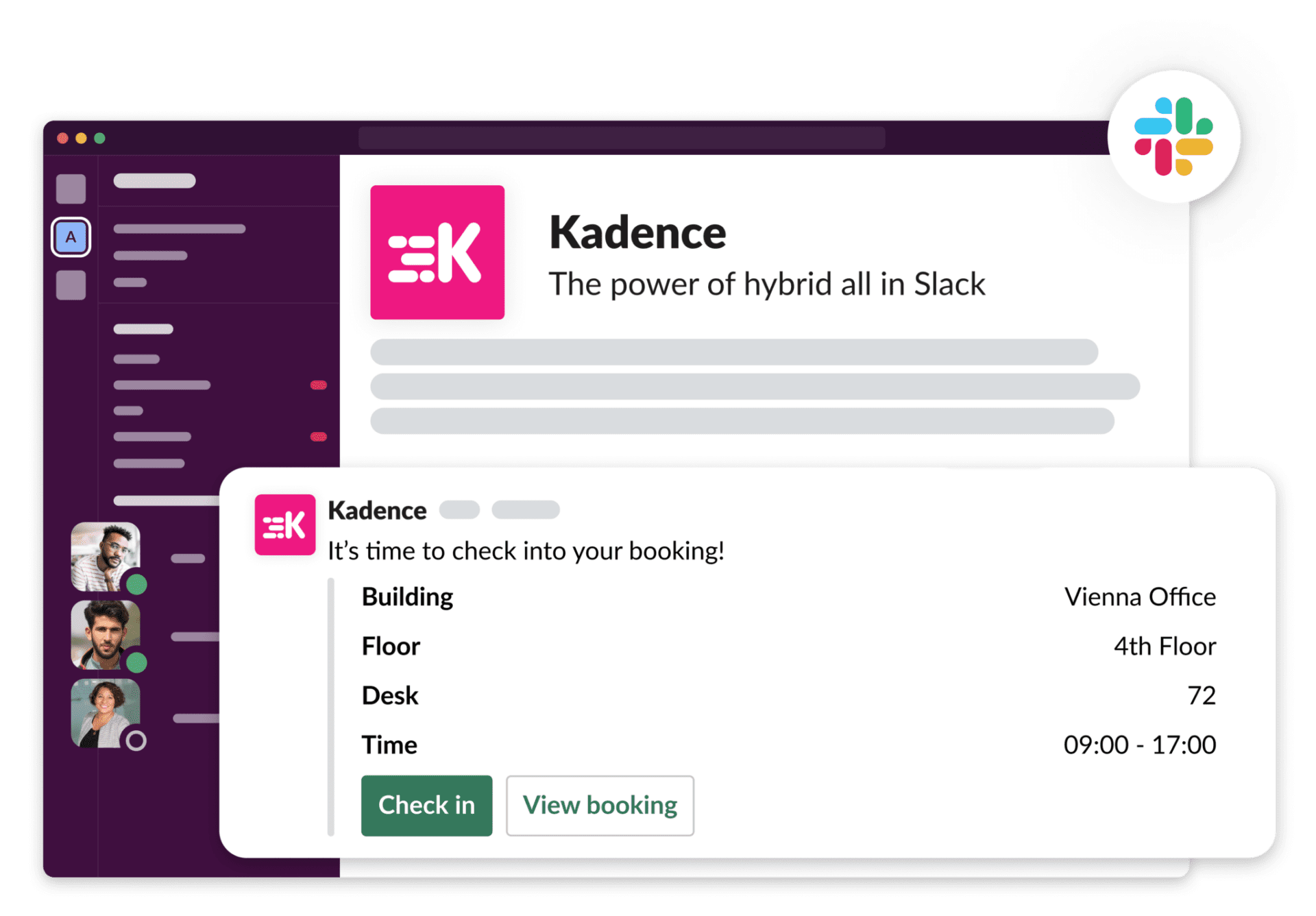 Slack desk booking integration notifies you to check in and view your booking