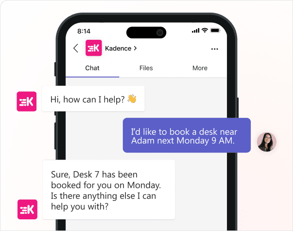 Kadence AI Desk booking integration with Microsoft teams