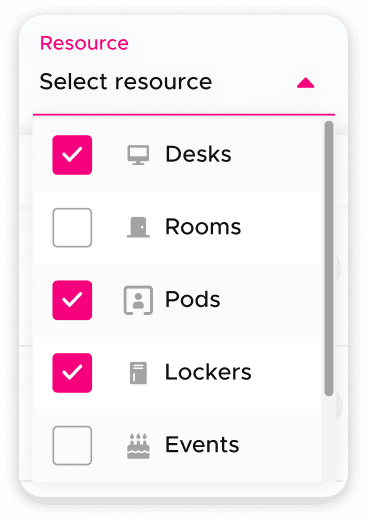 A list of bookable resources that you can select