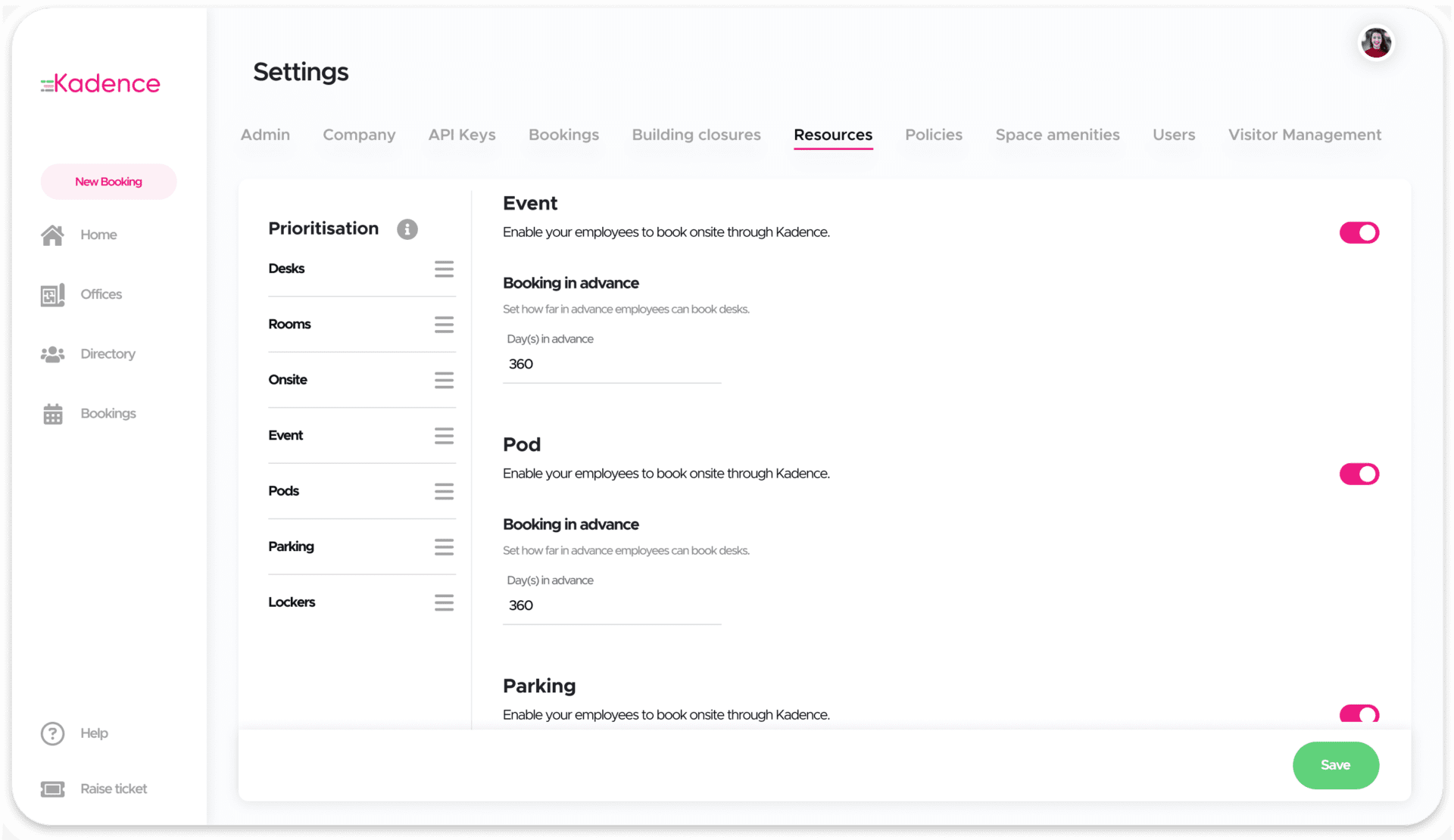 The resource section under settings within the Kadence web app
