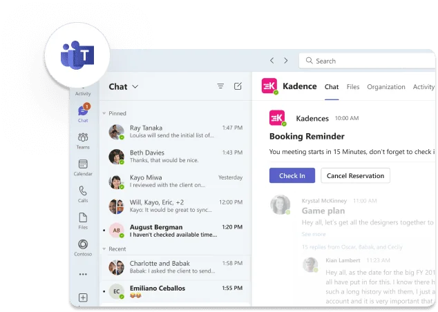 An illustration of check-in and booking reminders within Microsoft teams.