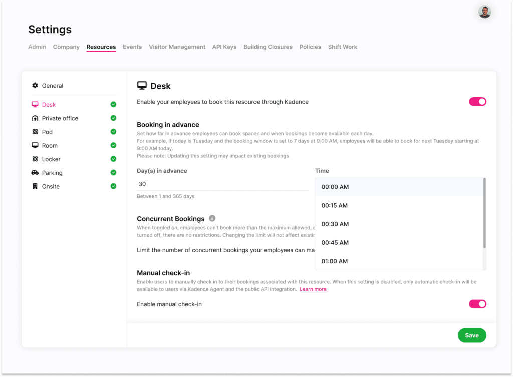 Resource settings inside the Kadence web app.