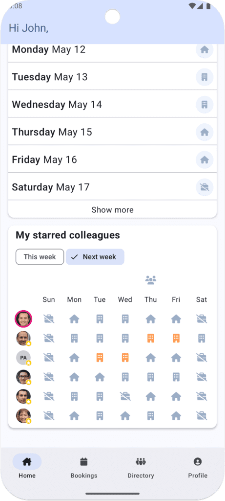 The Starred Colleagues screen on the Android Kadence App